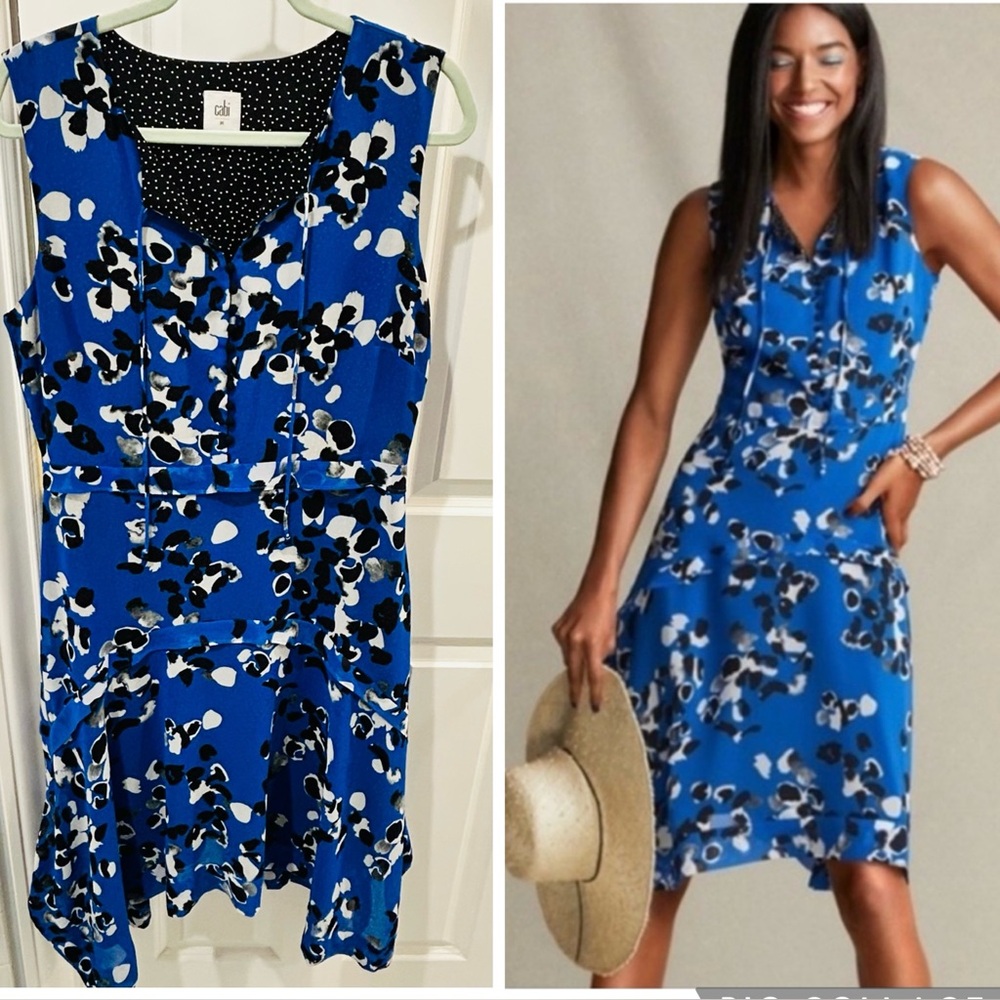 CAbi Electric Blue Floral Asymmetrical Handkerchief Hem Polka Dot Dress Sz M - Picture 1 of 11